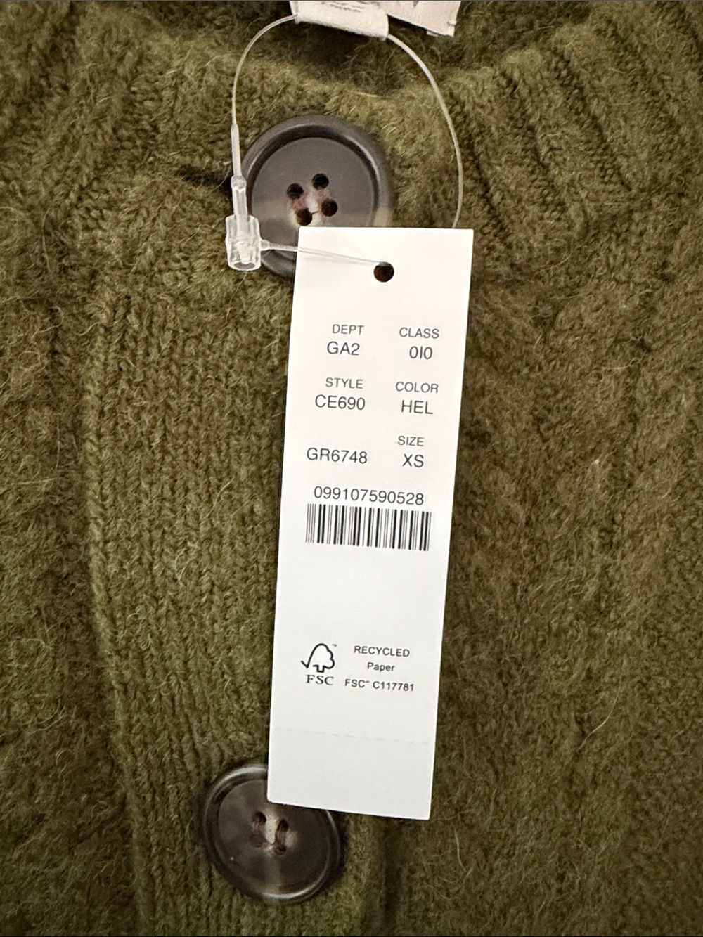 J. Crew Telaxed Cable Knit Button Down Cardigan Olive Green Size XS NWT Chunky - Picture 3 of 7